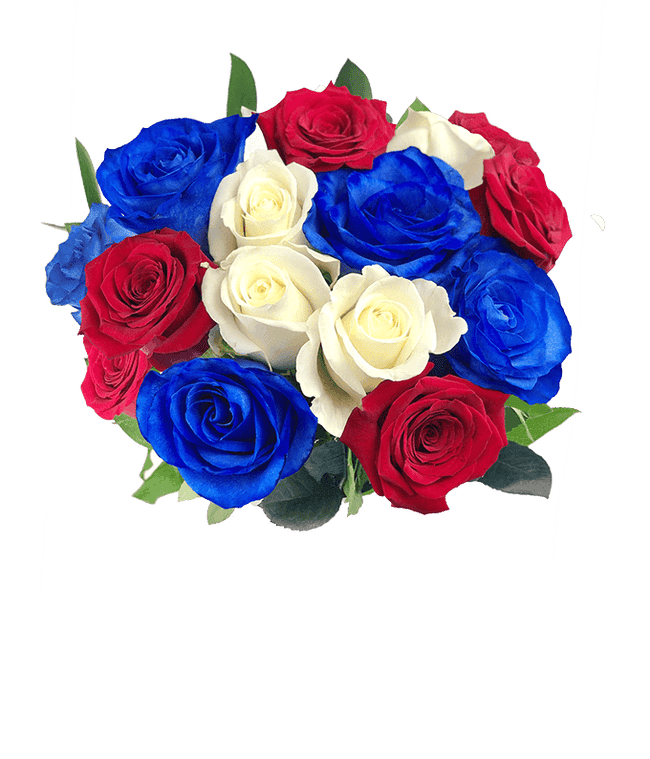 Partial image of One Dozen Red White &amp; Blue Roses without vase