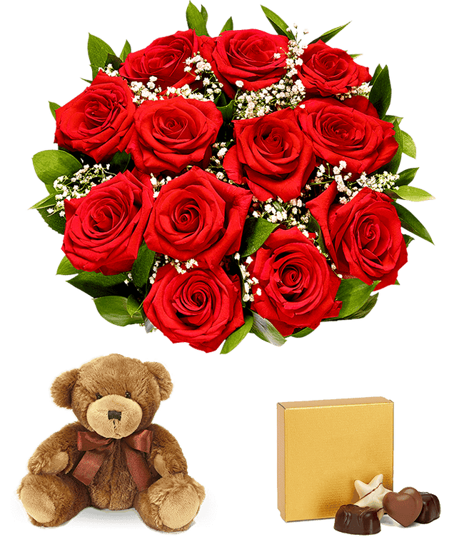 Partial image of One Dozen Red Roses + Chocolate + Bear without vase