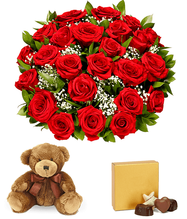 Partial image of Two Dozen Red Roses + Chocolate + Bear without vase