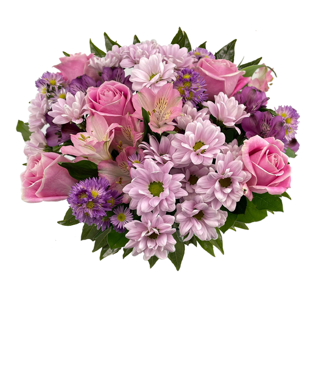 Partial image of A vibrant arrangement featuring pink roses, purple daisies, pink alstroemeria, purple alstroemeria, and purple Monte Casino, optionally arranged in a vase. This colorful mix offers a cheerful and lively display. without vase
