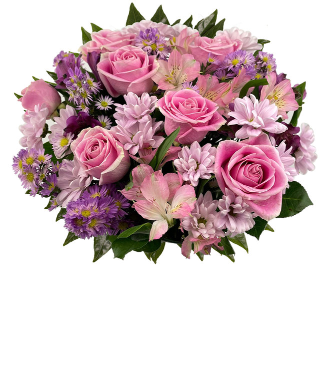 Partial image of A bouquet featuring pink roses, purple daisies, pink alstroemeria, purple alstroemeria, and purple Monte Casino, with an optional vase. without vase