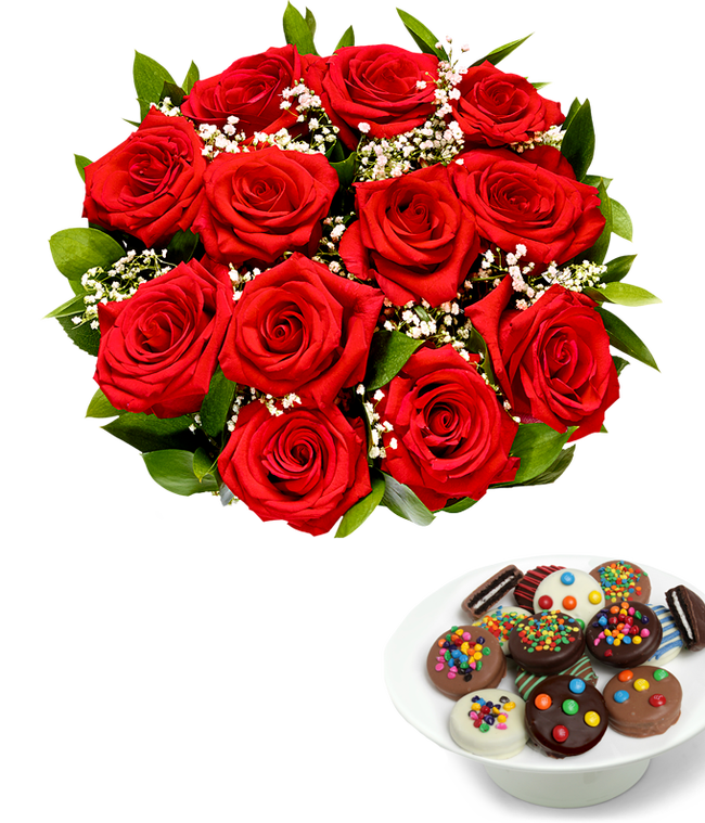 Partial image of One Dozen Roses with Celebration Chocolate Oreos without vase