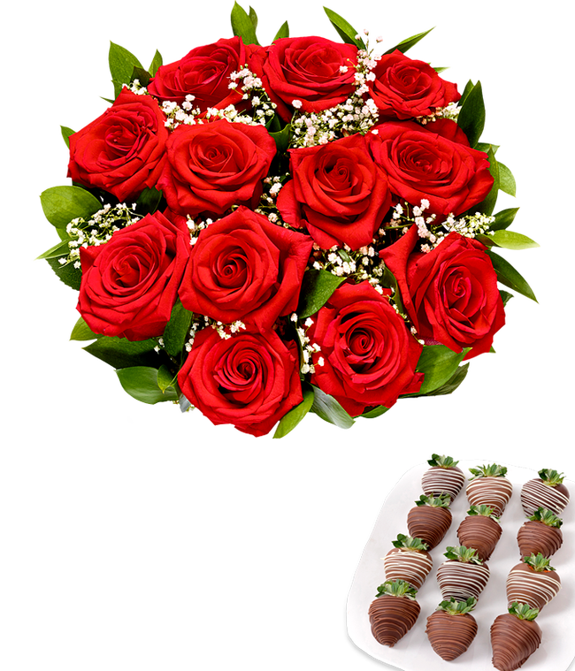 Partial image of One dozen red roses with one dozen chocolate covered strawberries without vase