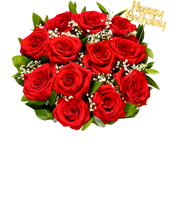 Partial image of Red roses with baby's breath arranged with a gold Happy Birthday pick without vase
