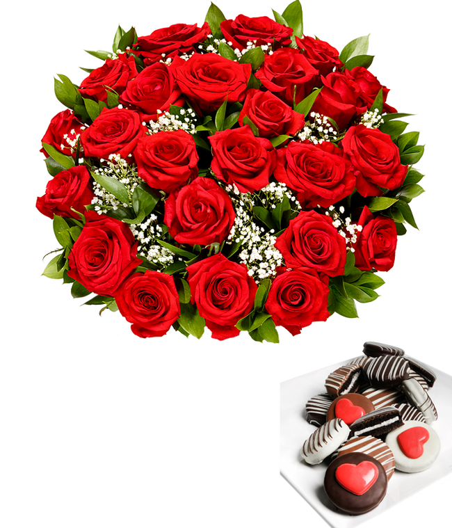 Partial image of Two Dozen Red Roses with Chocolate Covered Oreos without vase