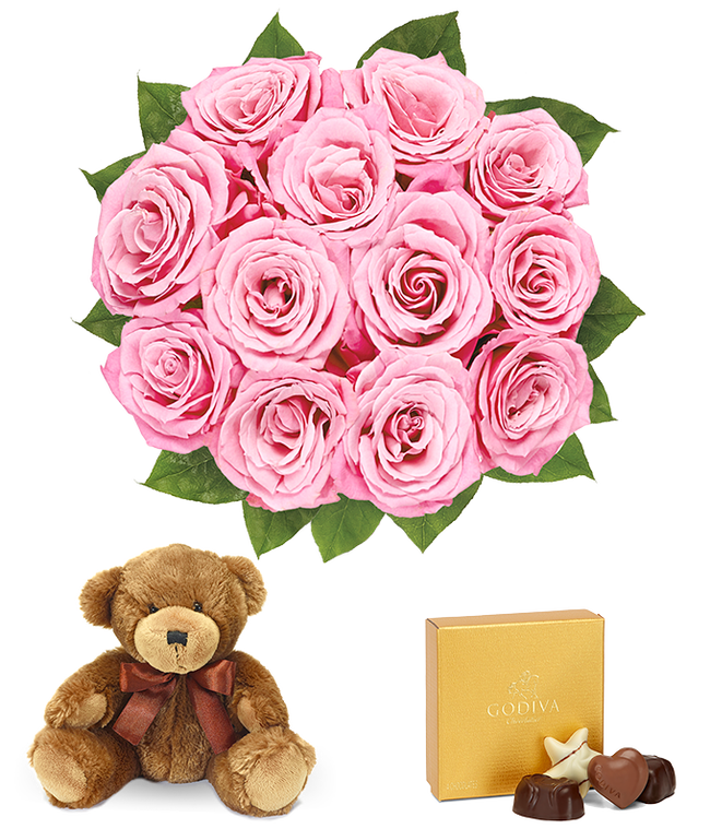 Partial image of One dozen pink roses, teddy bear and box of chocolates without vase