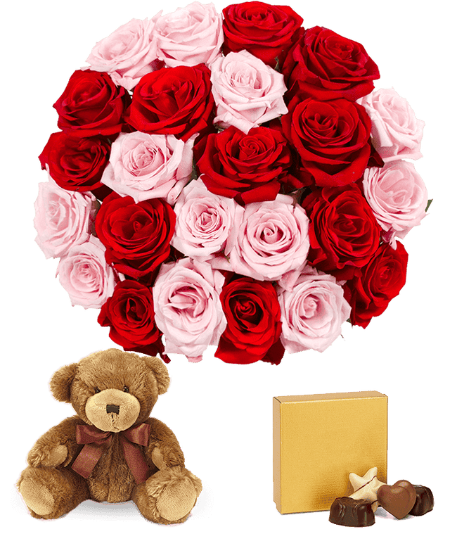 Partial image of Unique Valentine's gift with two dozen pink &amp; red roses delivered  with teddy bear and chocolates without vase