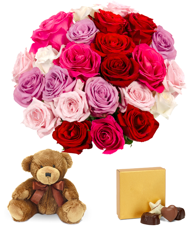 Partial image of Two Dozen Assorted Sweetheart Roses with Chocolates &amp; Bear without vase