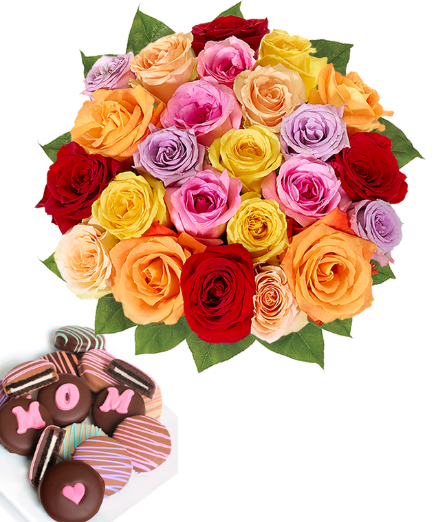 Partial image of Two Dozen Rainbow Roses with Mom Oreos without vase