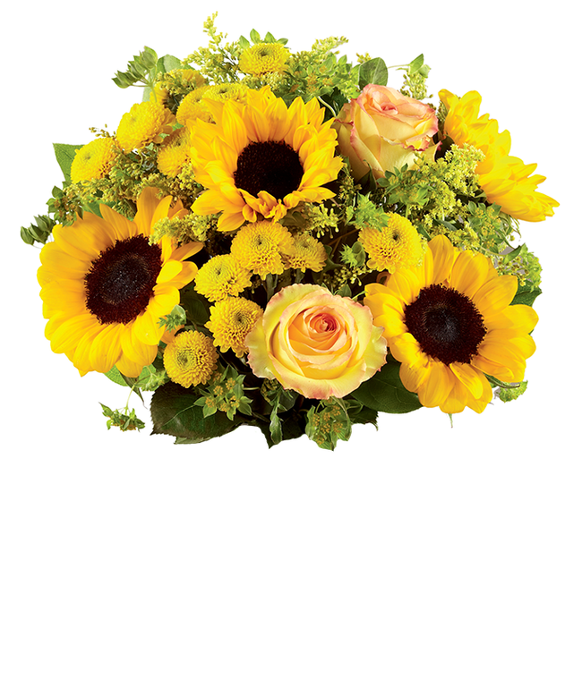 Partial image of A bouquet featuring yellow/orange bi-color roses, sunflowers, yellow button poms, yellow solidago, and bupleurum, with an optional vase. without vase