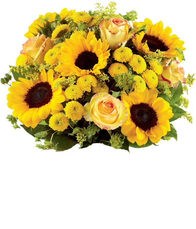 Partial image of A vibrant arrangement featuring yellow/orange bi-color roses, sunflowers, yellow button poms, yellow solidago, and bupleurum, optionally presented in a vase. This cheerful display brings a burst of sunshine and joy to any occasion. without vase