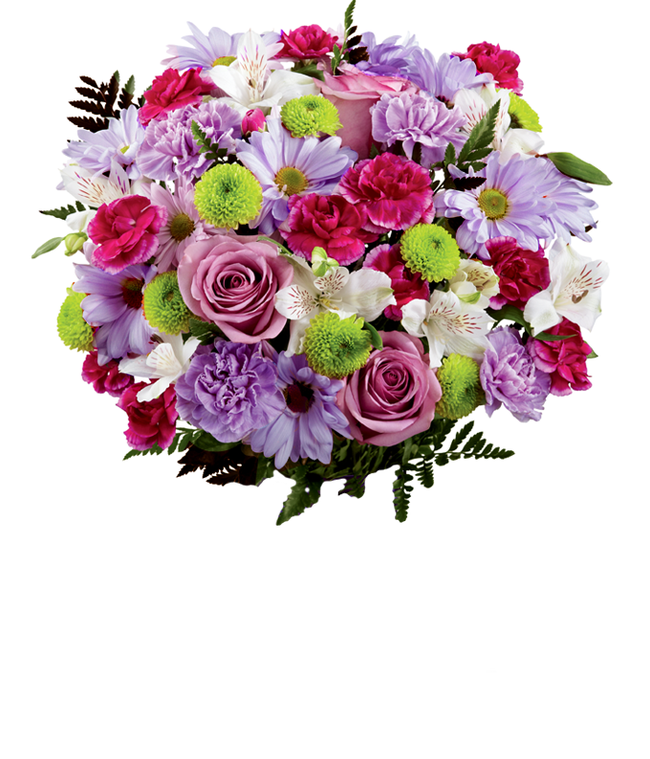Partial image of A bouquet featuring lavender daisies, lavender roses, hot pink mini carnations, lavender carnations, white alstroemeria, and green button poms, with an optional vase. without vase