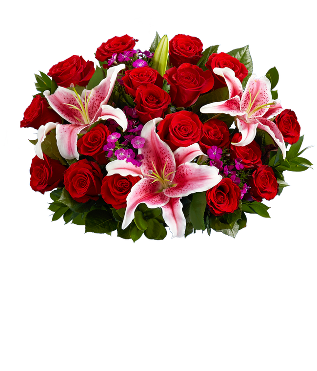 Partial image of 18 red roses, Stargazer lilies, pink dianthus, floral greens, optional glass vase. without vase