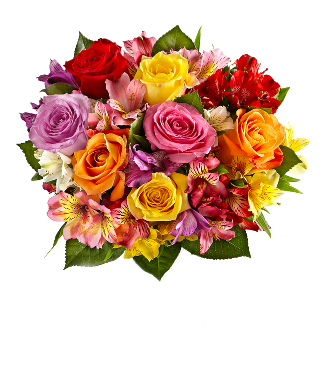 Partial image of A beautiful arrangement featuring mixed roses and assorted alstroemeria, optionally presented in a glass vase. This vibrant mix offers a colorful and cheerful display, perfect for any occasion. without vase